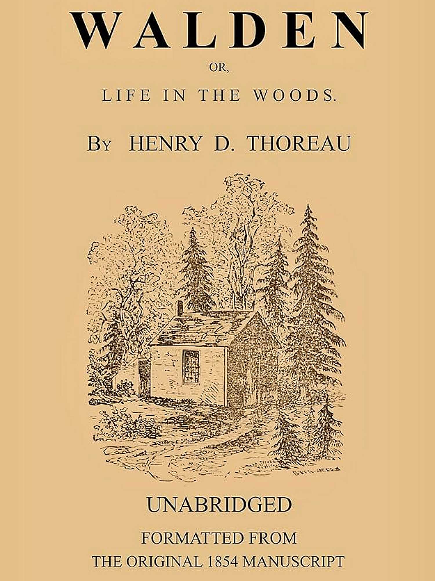 Walden-Buchcover, Abbildung einer Hütte mit Titel und Autorennamen