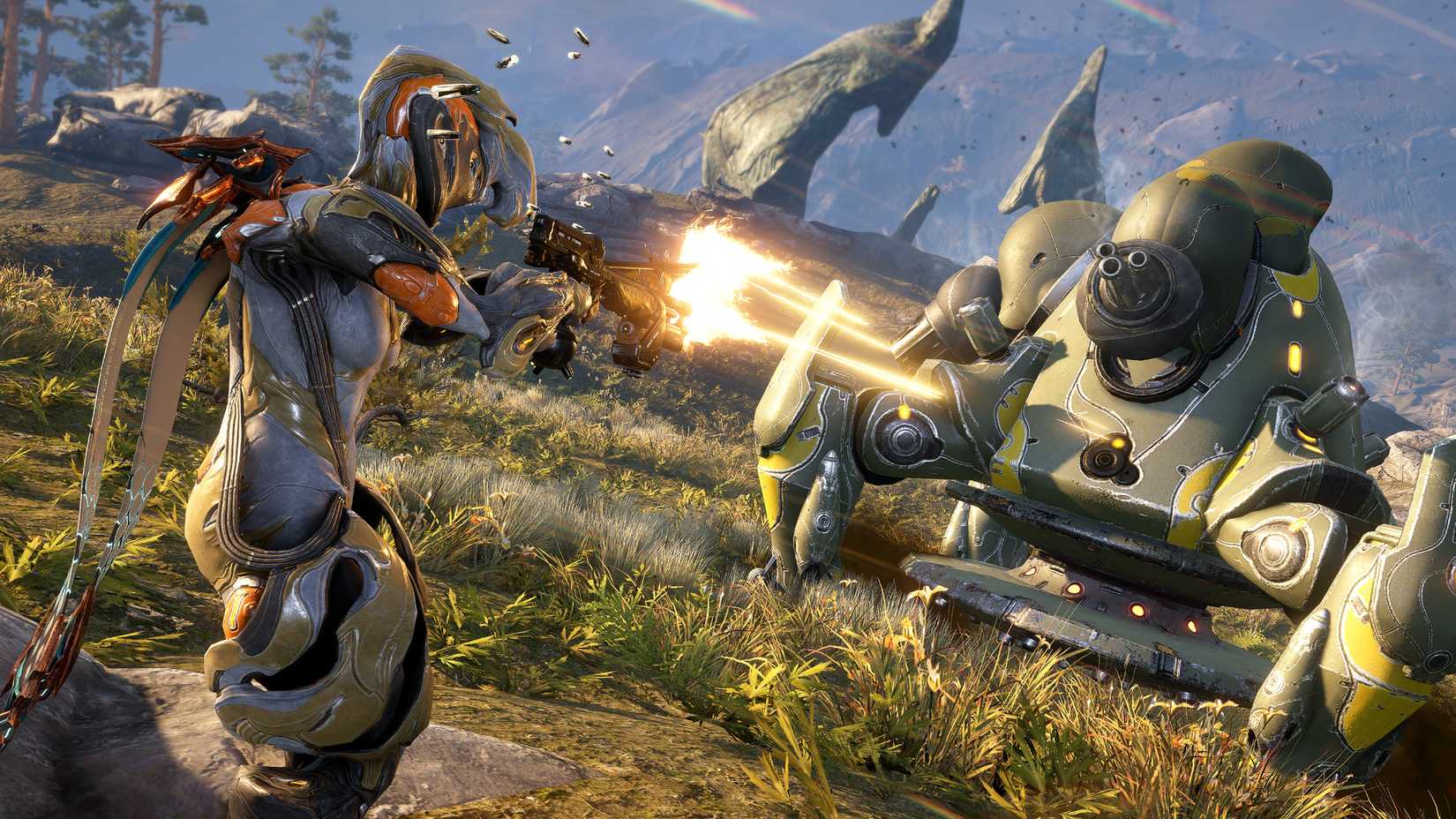 A tenno shoots an enemy in Warframe