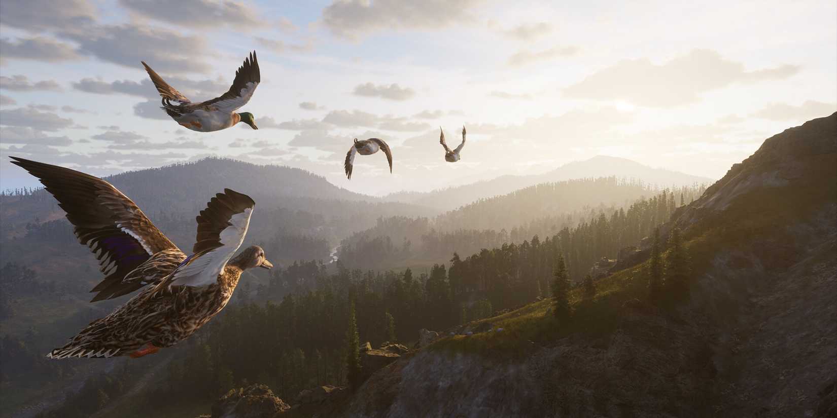 Four mallards fly over a valley in Way of the Hunter 2.