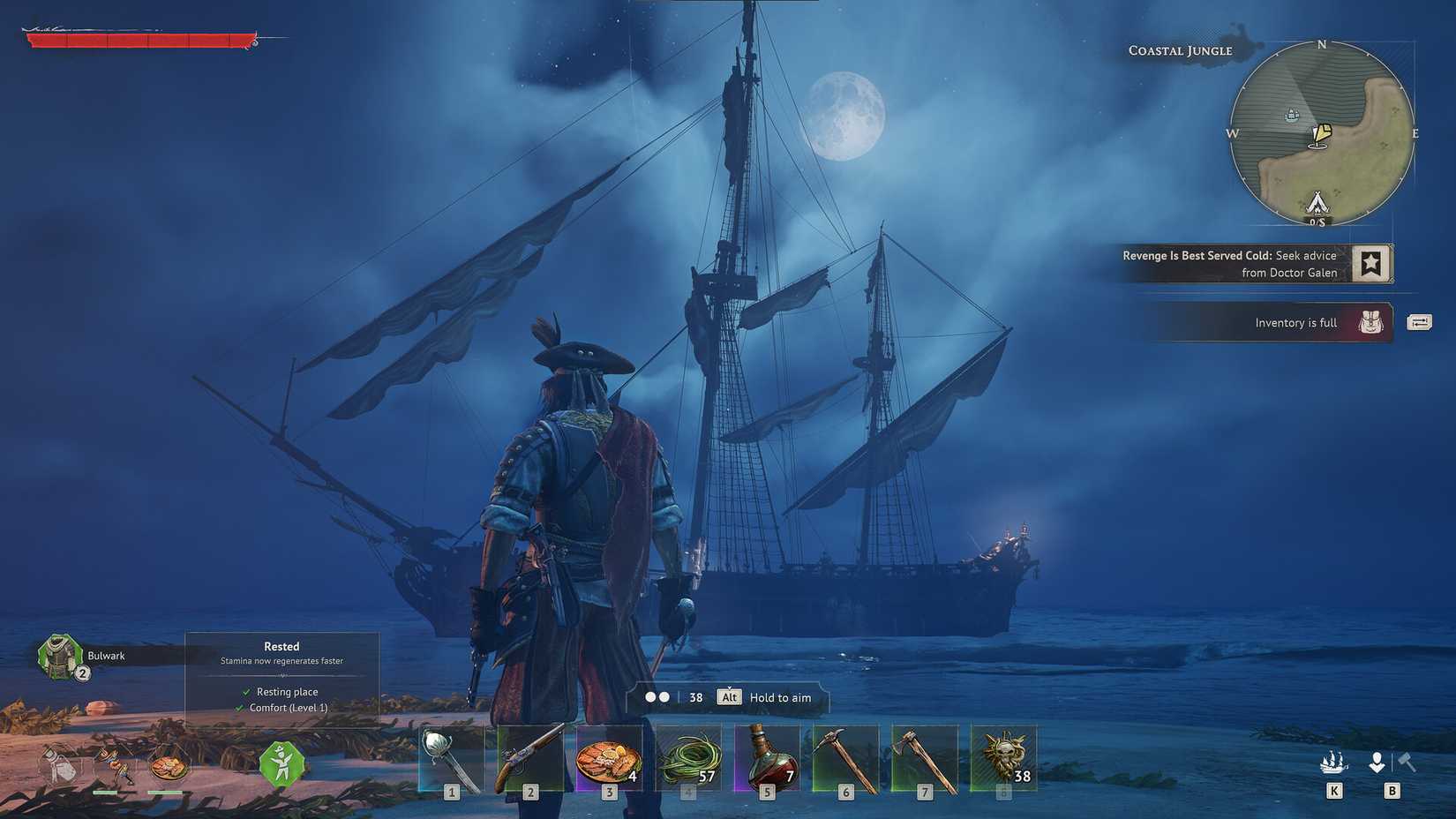 Windrose pirate standing in front of ship in the dark