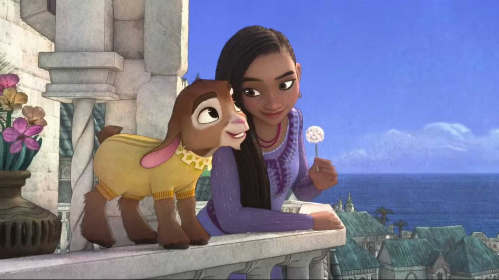 Asha conversa com Valentino em uma varanda em Wish: O Poder dos Desejos