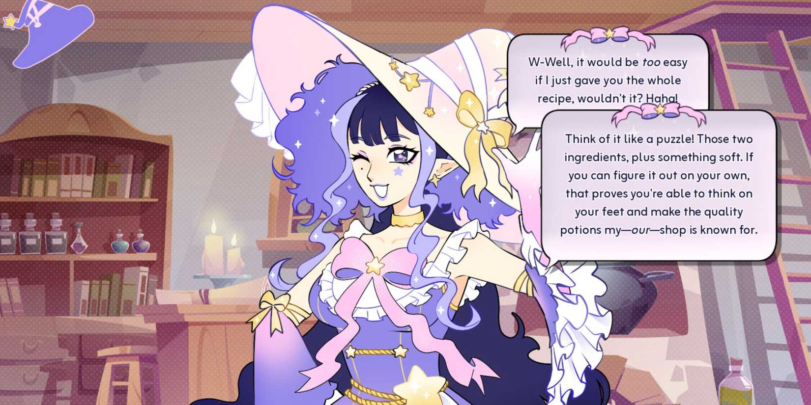 An interaction with a witch in Witch You Want.