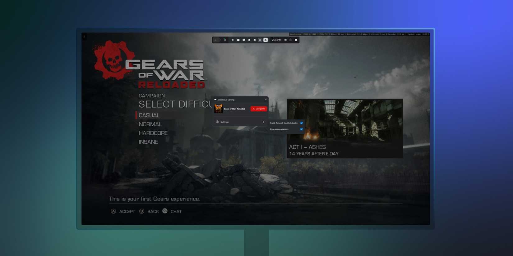 A screen showing Gears of War being streamed via cloud gaming on Xbox Game Pass.