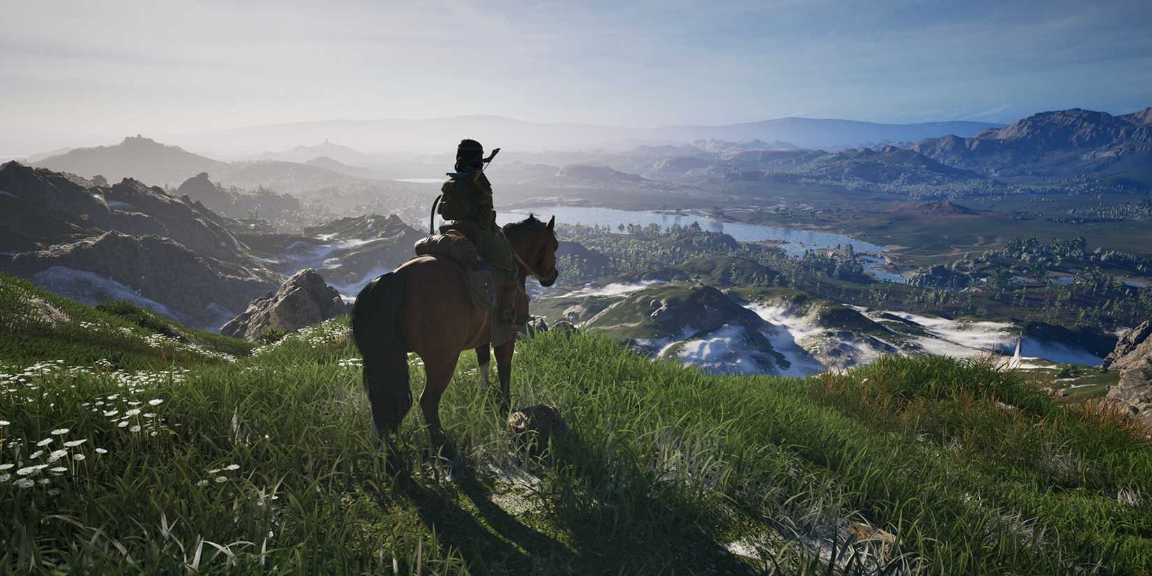A person rides their horse, overlooking the landscape in The Legend of Khiimori.