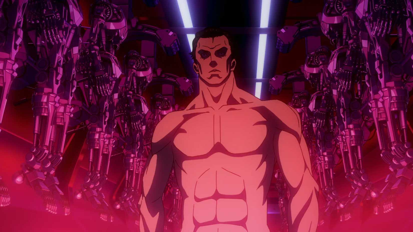 Um homem em frente a vários robôs em Terminator Zero.