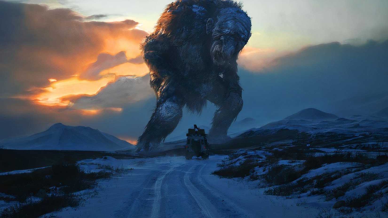 Um troll massivo em pé sobre um carro no meio da estrada em Troll Hunter