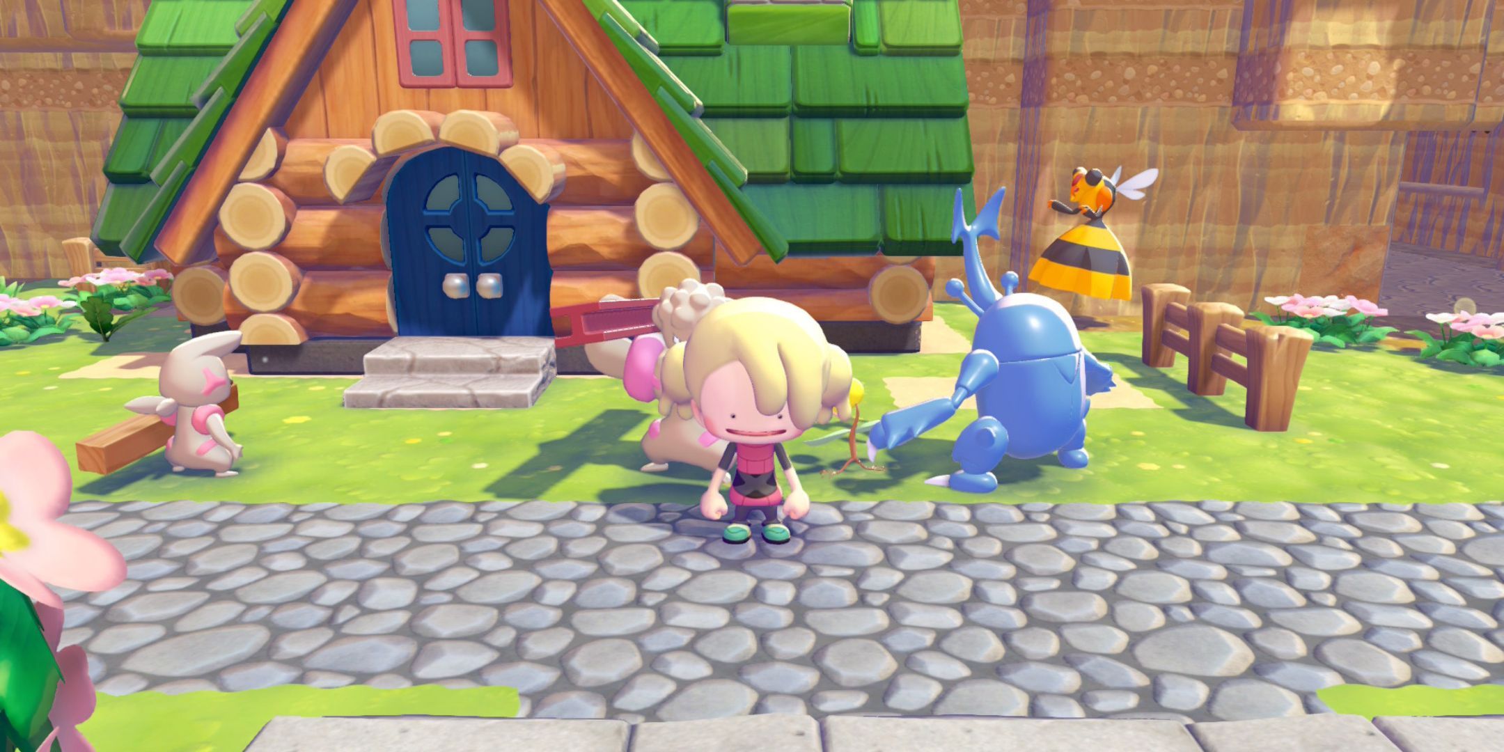 A Pokemon Pokopia player stands in front of a log house that Pokemon built