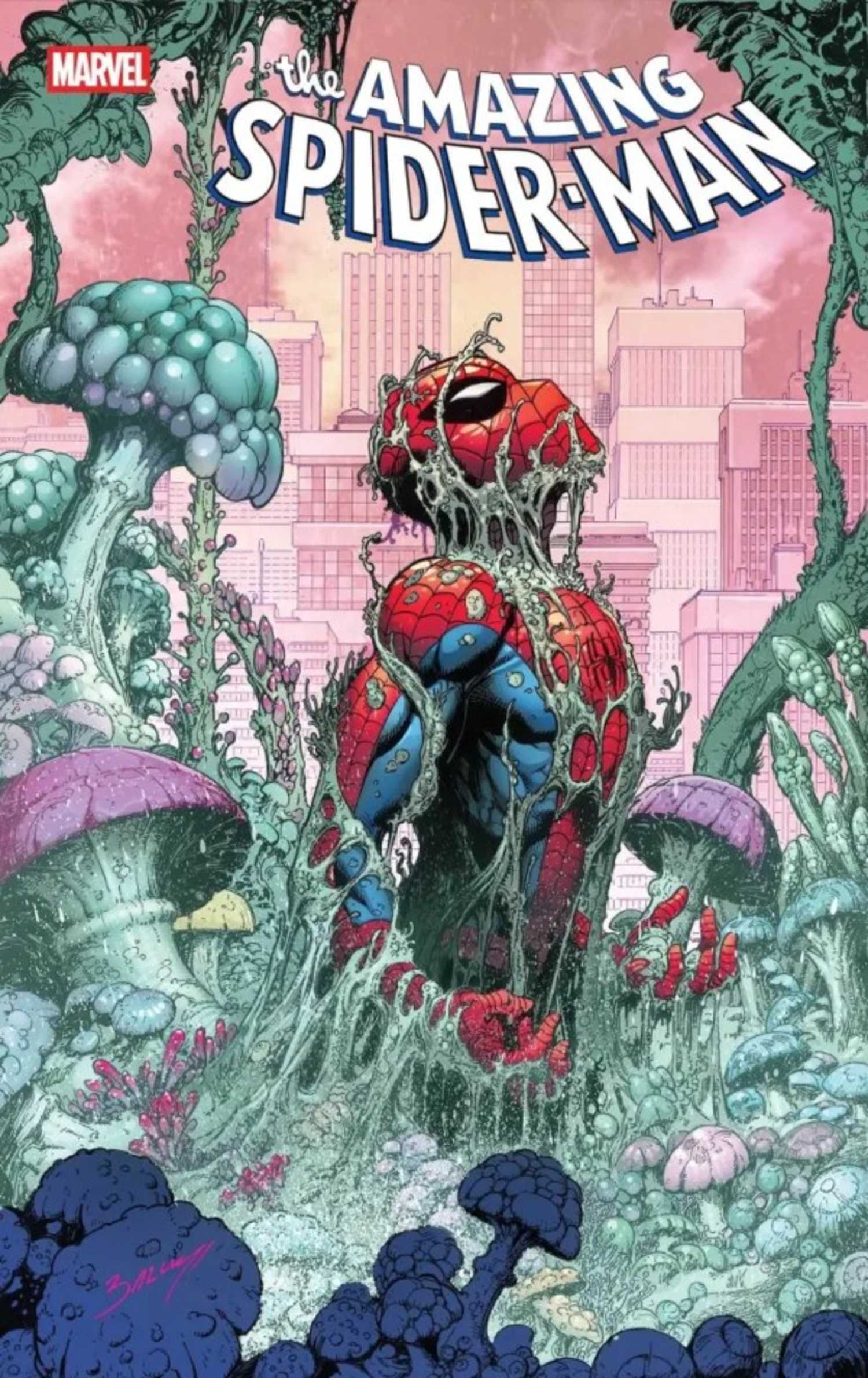 After 19 Years, Spider-Man Fans May Be About to Get That 'One More Day' Retcon... 3 Amazing Spider-Man #29 cover, Spider-Man surrounded by alien-looking mushrooms and spores