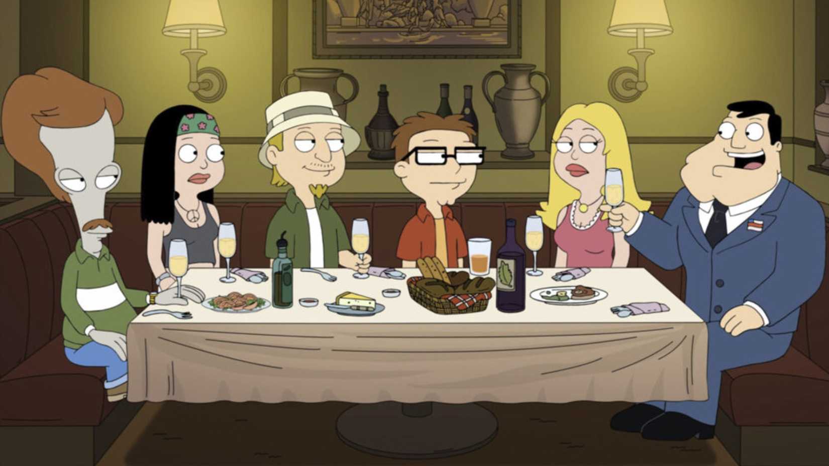 Os personagens principais de American Dad sentados ao redor de uma mesa de jantar.