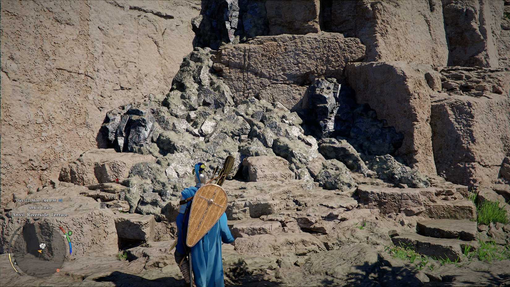 A shining iron ore vein on a cliffside in Crimson Desert.