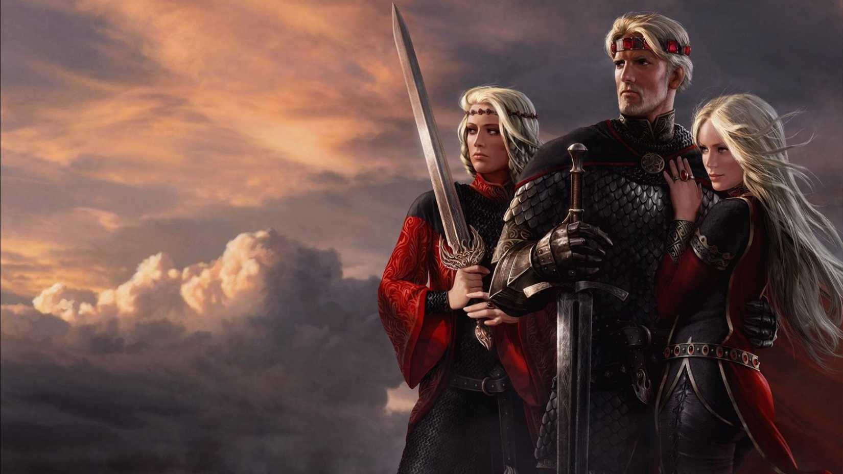 Art of Visenya, Rhaenys, and Aegon the Conqueror in Fire & Blood.