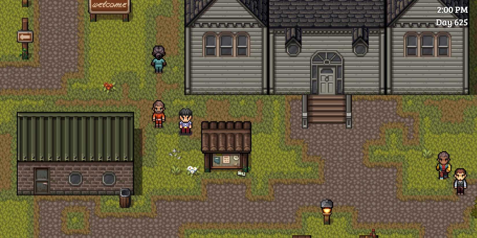 Survivors walk around a settlement during the day in Ashfield Hollow.