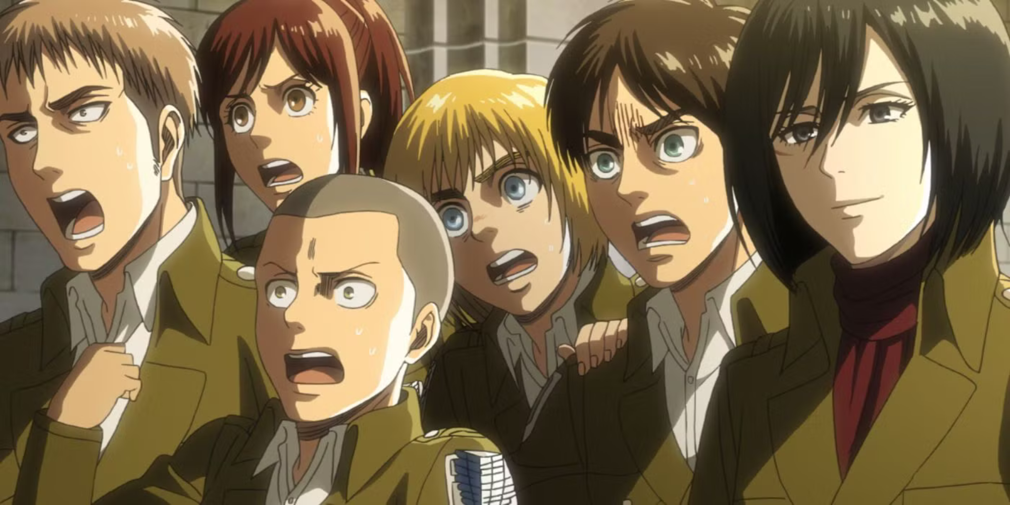 Attack on Titan - Eren, Mikasa, Armin, Sasha, Jean, and Conny looking happy and shocked anime image