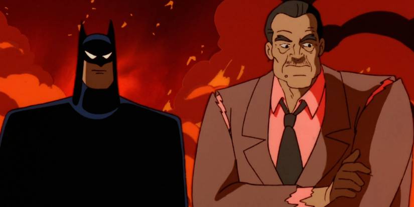Batman e Arnold Stromwell em frente a uma explosão em Batman: The Animated Series