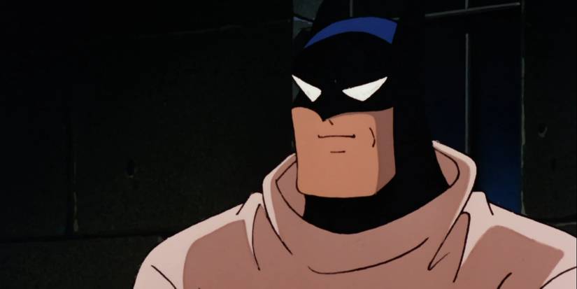 Batman usando um colete de força enquanto está em Arkham Asylum em Batman: The Animated Series