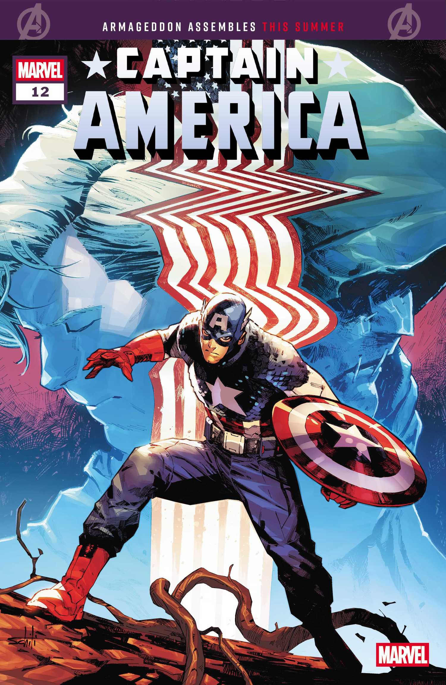 Captain America #12 cover, Cap in uniform with Steve Rogers and Dr. Doom looming behind him