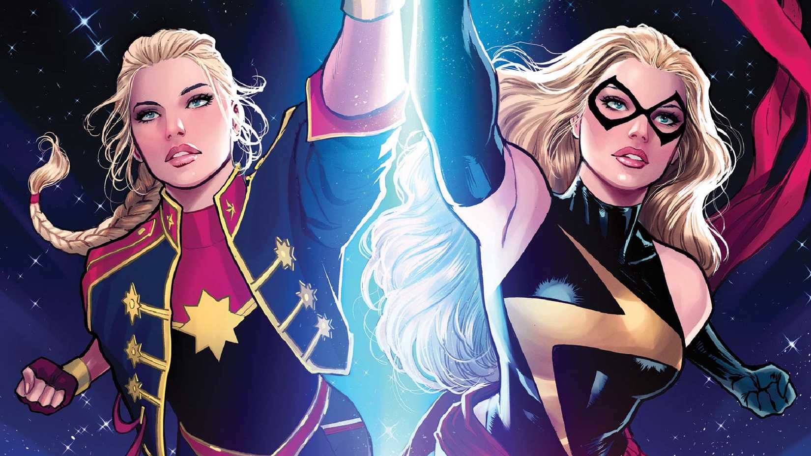 Carol Danvers as Captain Marvel flies side by side with her Warbird persona