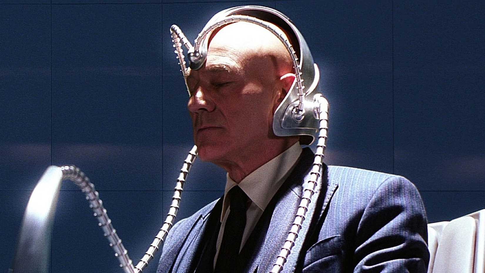 Charles Xavier wearing Cerebro from the Fox X-Men movies