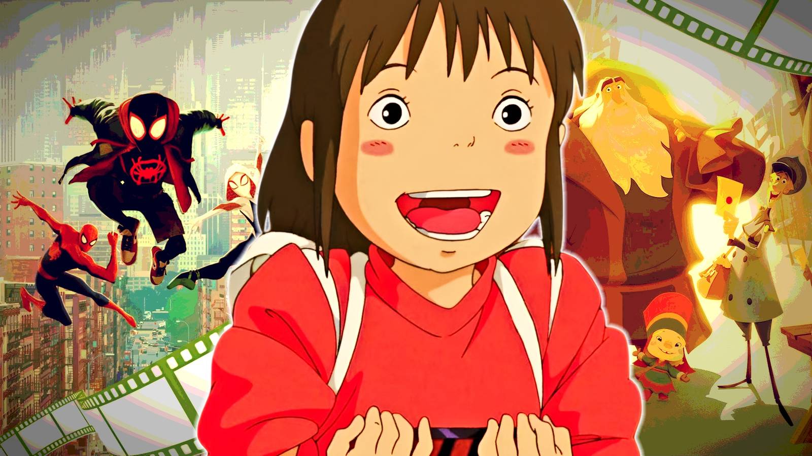 Chihiro from Spirited Away in front of posters of Klaus and Spiderman Into the Spiderverse