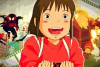 Chihiro from Spirited Away in front of posters of Klaus and Spiderman Into the Spiderverse