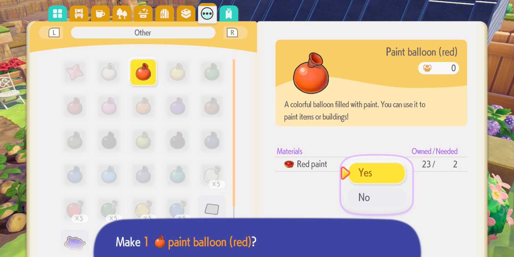 Crafting a red paint balloon in Pokemon Pokopia