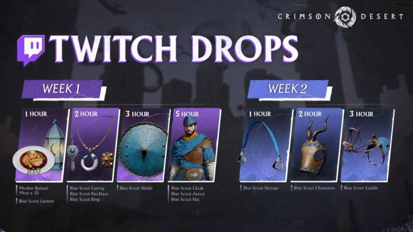 Image shows the Twitch drops available for Crimson Desert