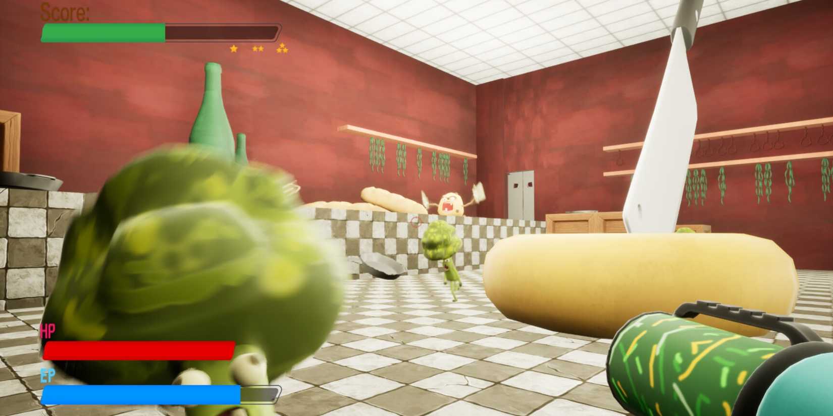 A character fights ingredients in Culinary Mayhem.