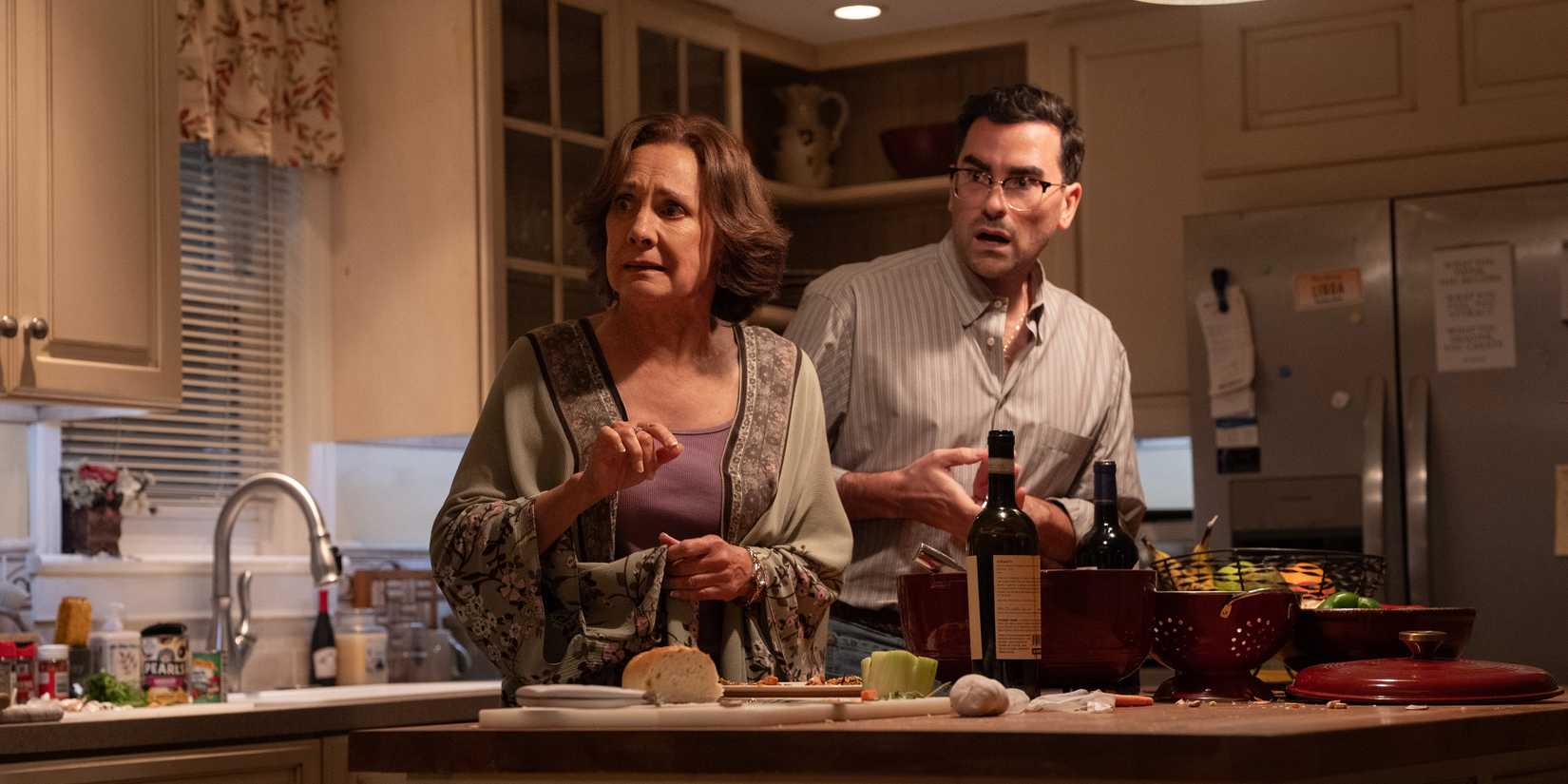 dan levy and laurie metcalf in the kitchen in big mistakes