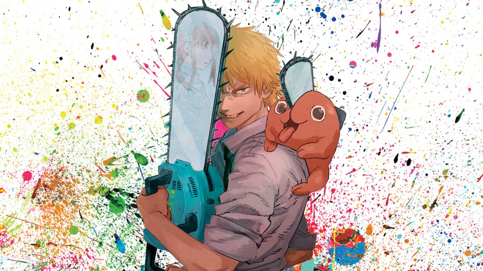 Denji holding a chainsaw while Pochita rests on his shoulder, in front of a paint-splattered background.