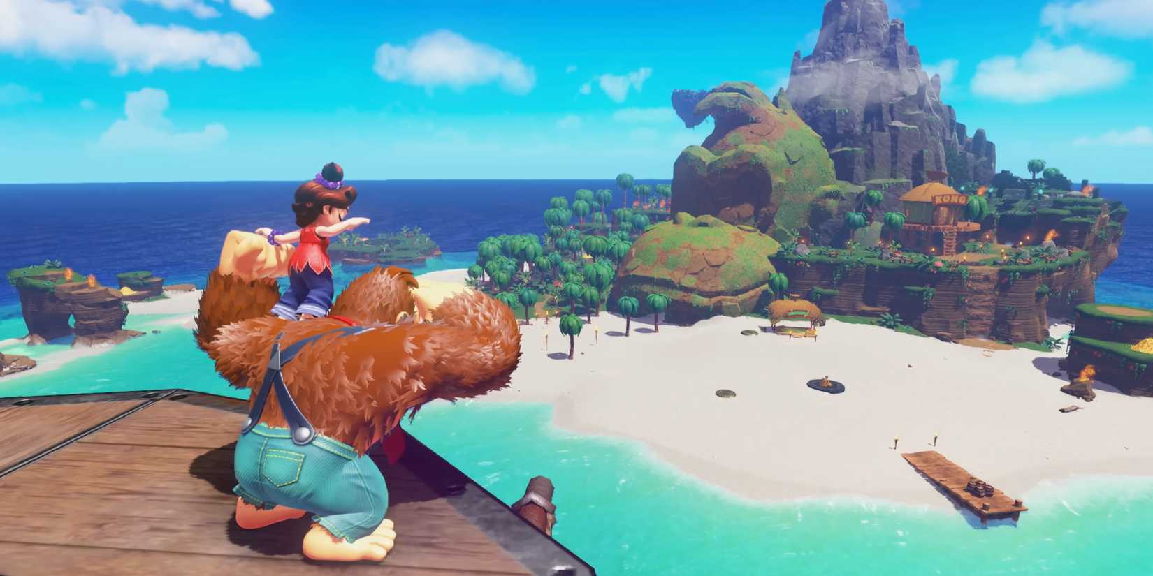 DK and Pauline looking at DK Island from Bananza's Emerald Rush DLC.