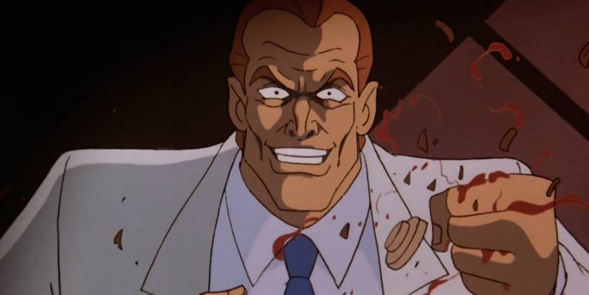 Dr. Kirk Langstrom com um sorriso maligno esmagando um frasco em Batman: The Animated Series