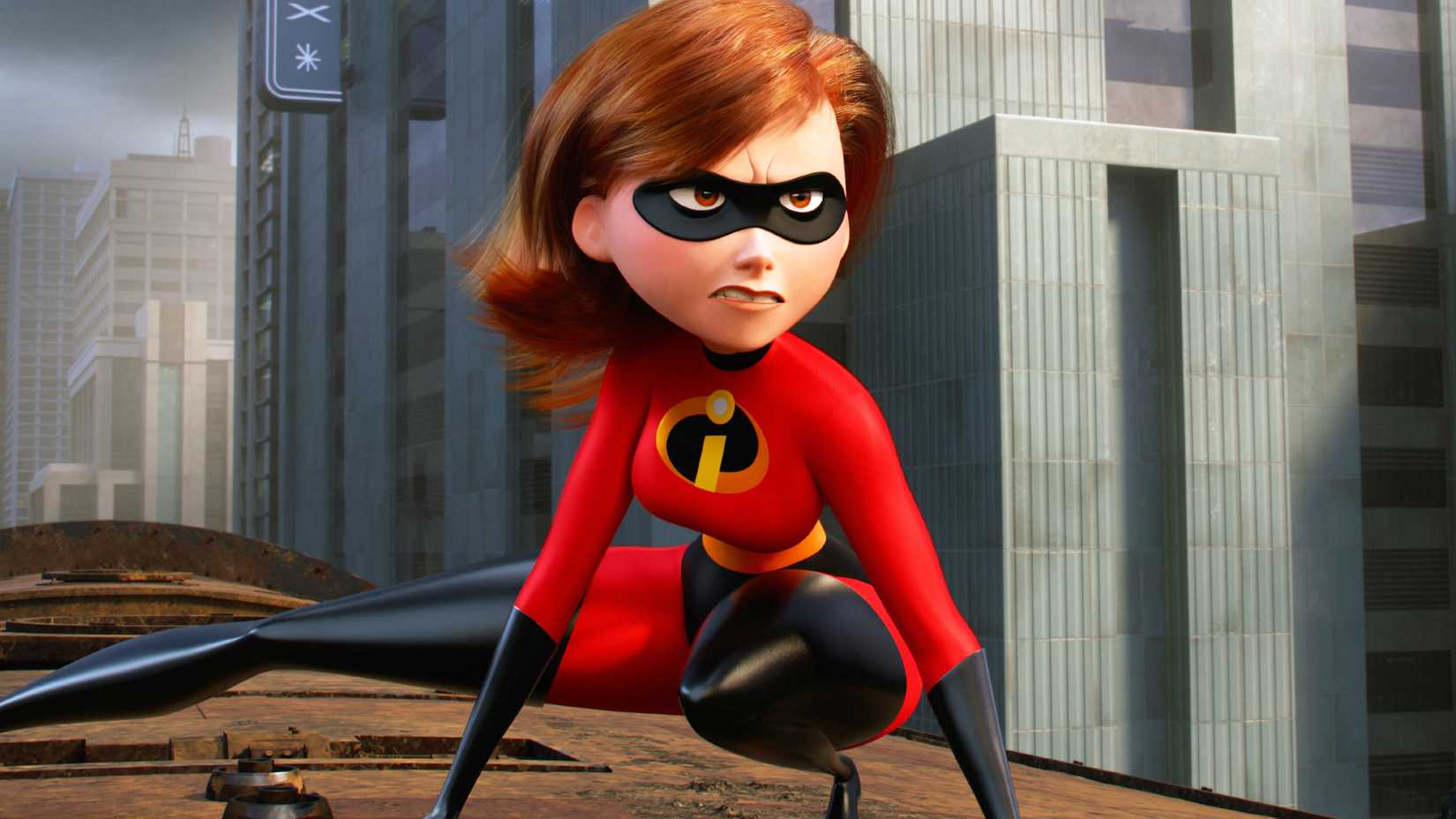 Elastigirl posing on a rooftop in Incredibles 2