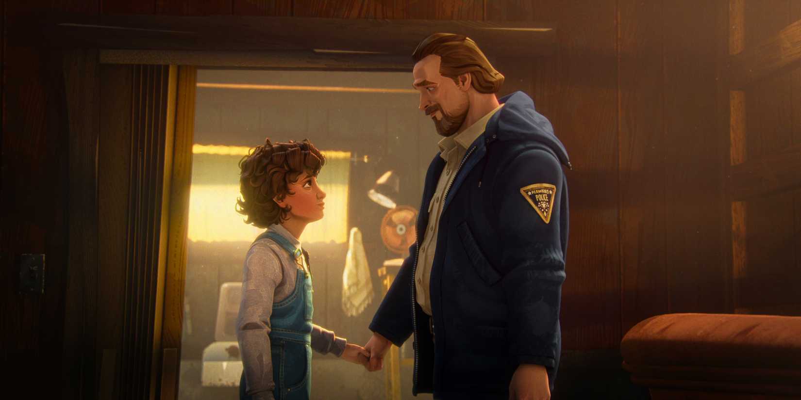 Eleven looking up at Hopper in Stranger Things Tales from '85