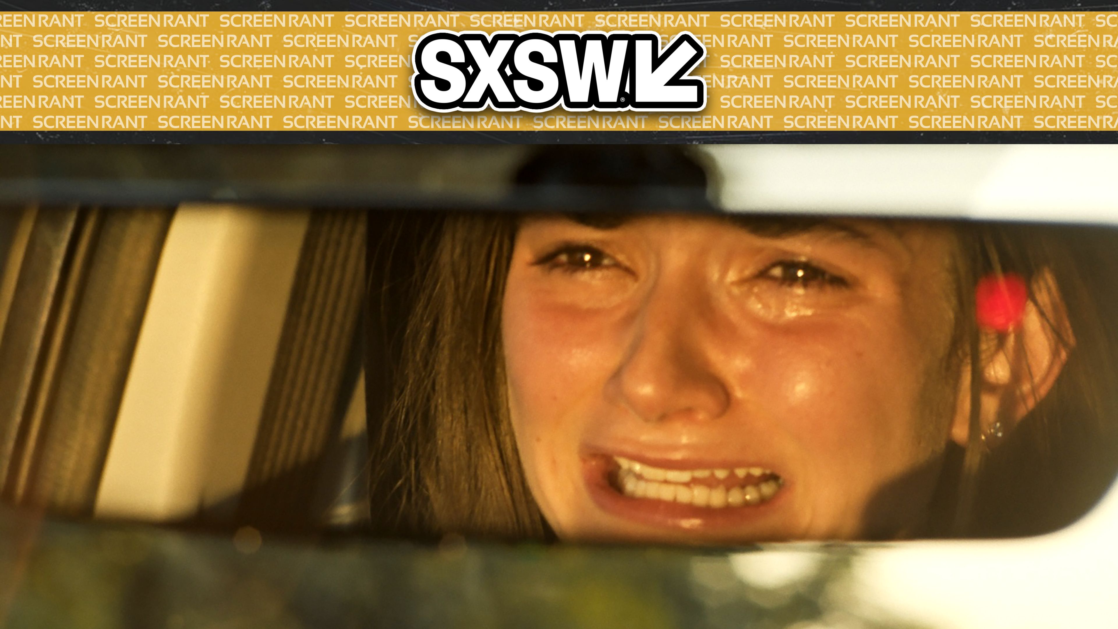 Emily Robinson's Delaney crying in a rearview mirror in Ugly Cry SXSW