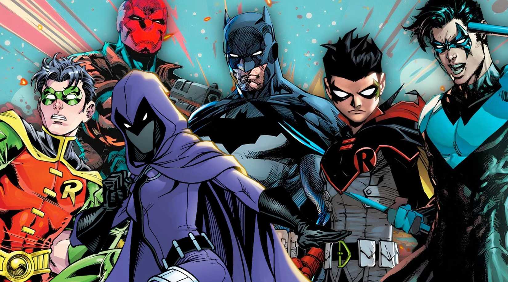 every mainstream robin alongside batman, including nightwing, red hood, tim drake, spoiler and damian wayne