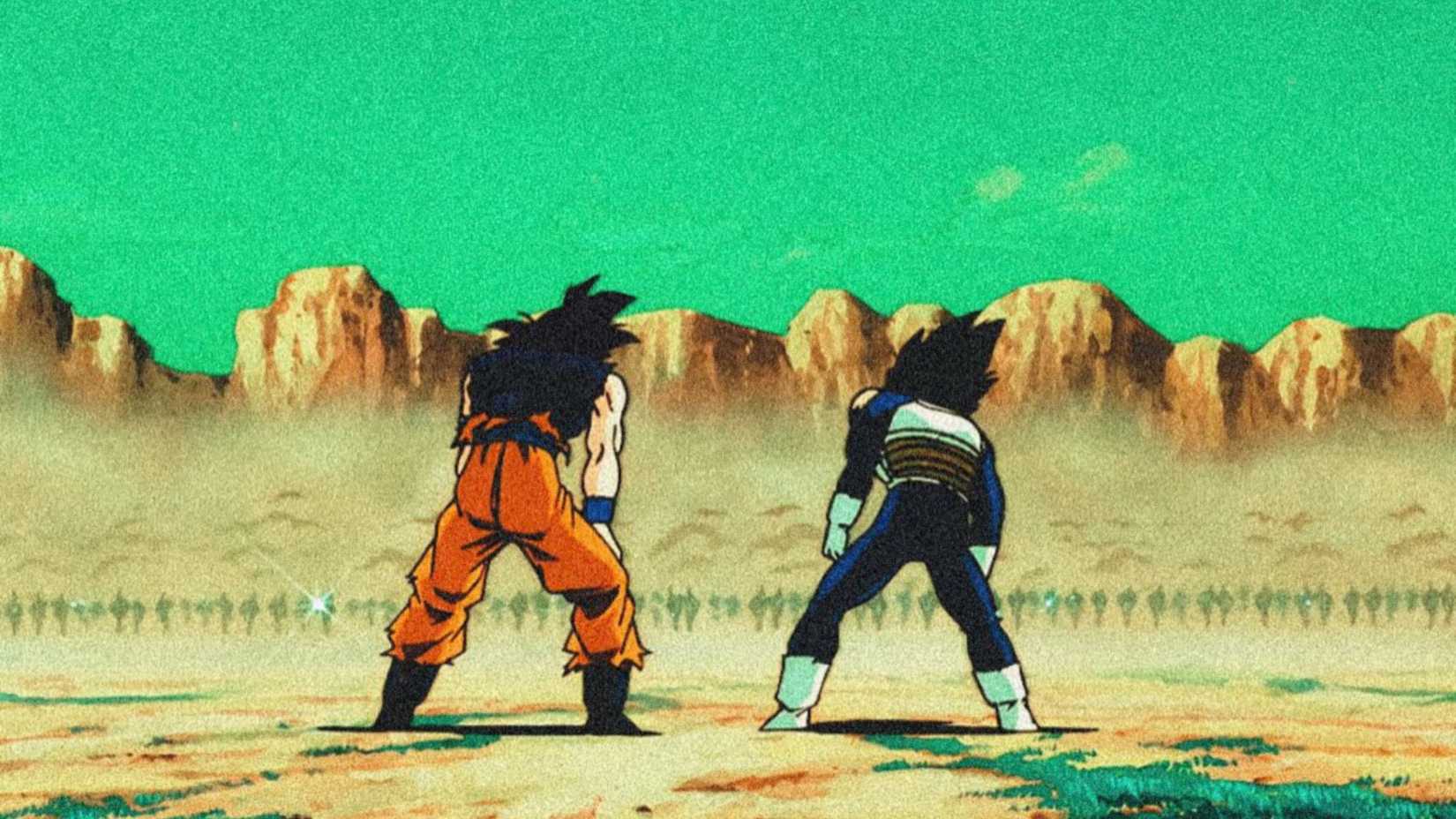 Exhausted Goku and Vegeta stand against an army of Metal Coolers in Dragon Ball Z The Return of Cooler