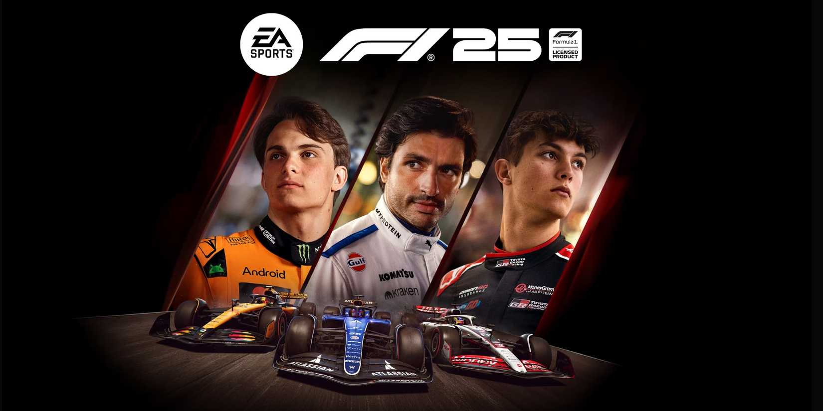 Oscar Piastri, Carlos Sainz,, and Ollie Bearman appear over their respective cars in the F1 25 cover art.