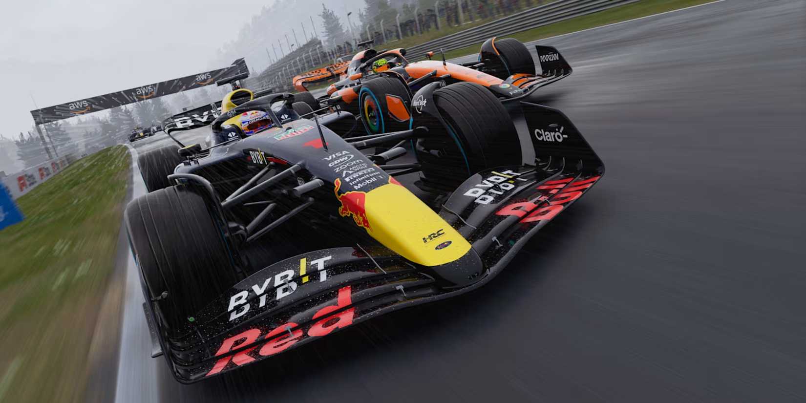 A McLaren car and a Red Bull car race in rainy conditions in F1 25.