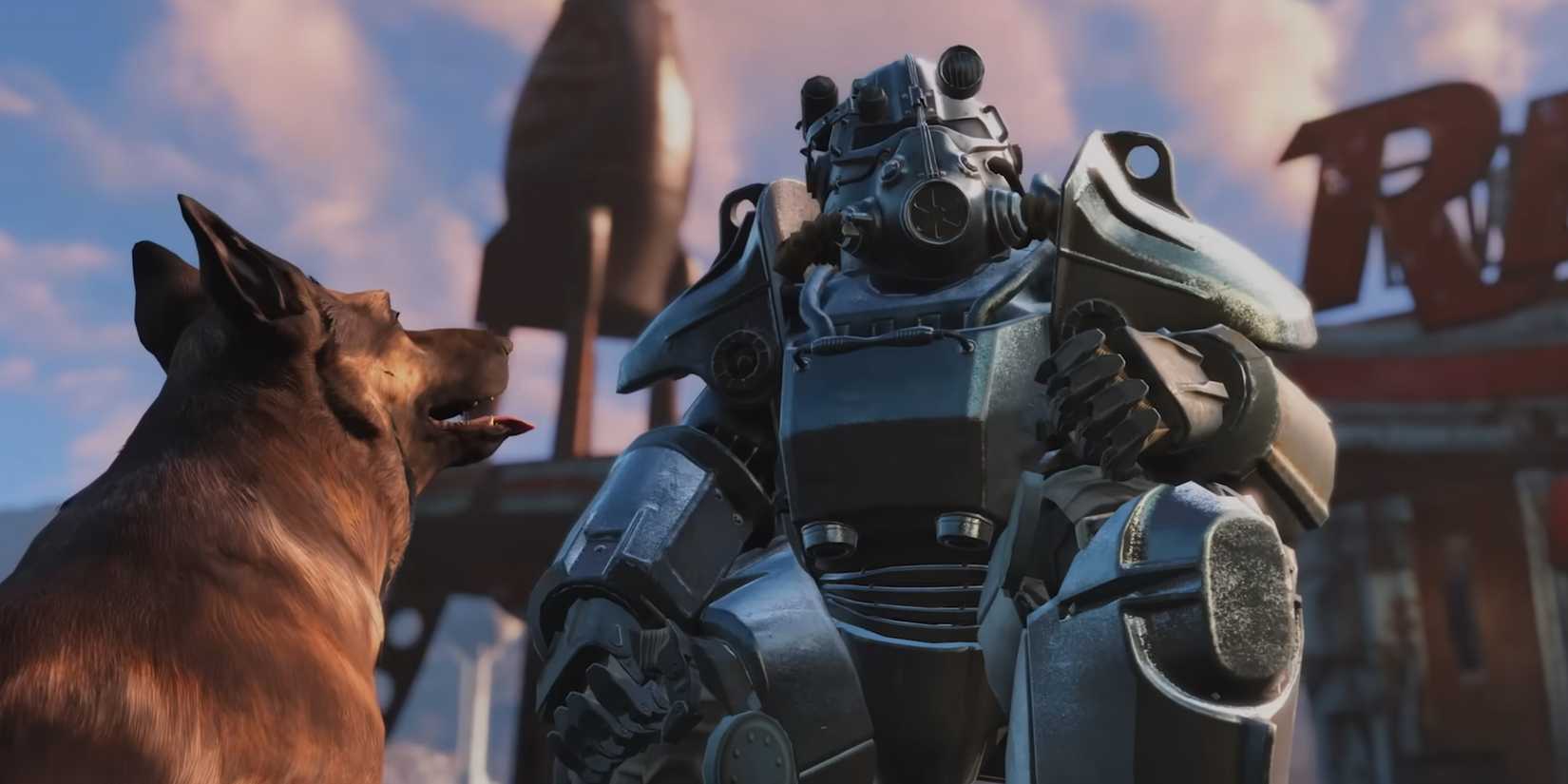 Fallout 4 character in Power Armor next to Dogmeat