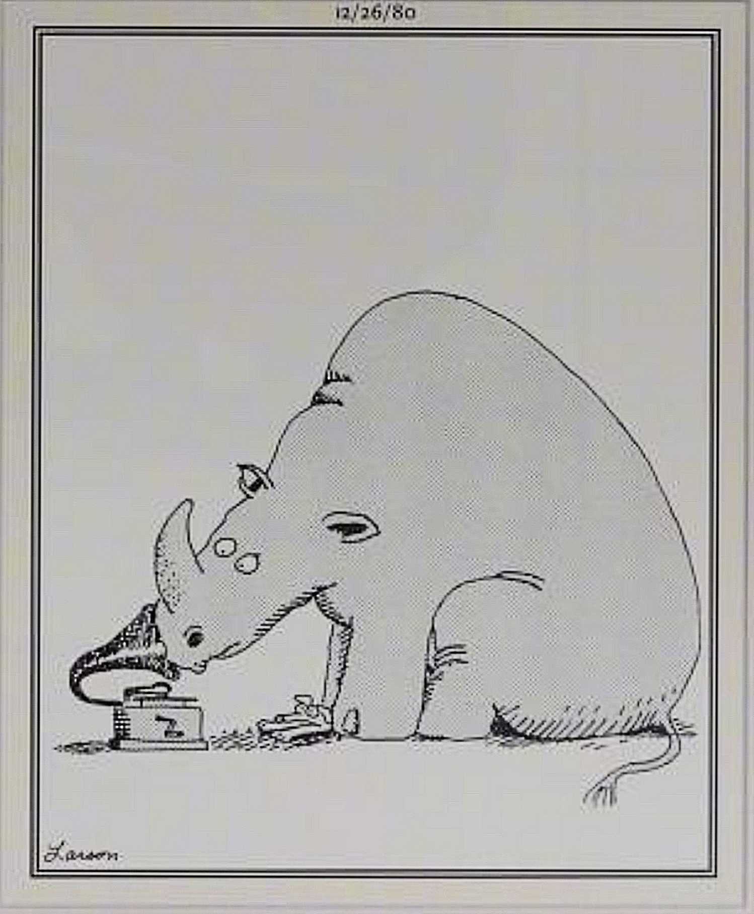 Far Side, December 26, 1980, a rhino crushing a dog and sticking its nose in a gramaphone