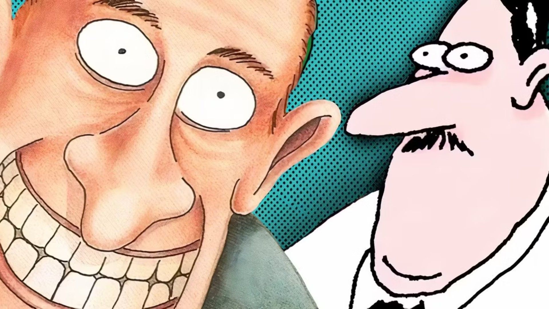 Far Side grinning man (left) and wide-eyed man (right)