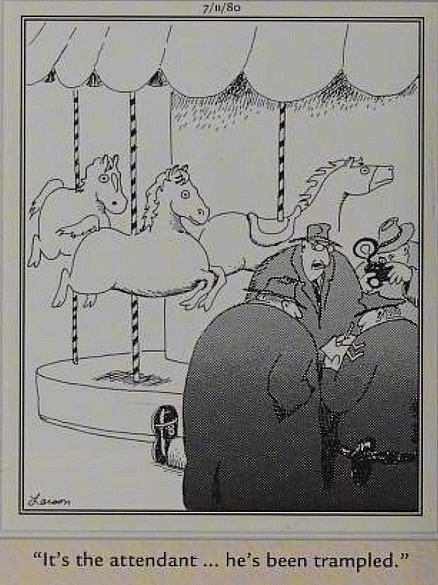 Far Side, July 11, 1980, carousel horses trample the attendant