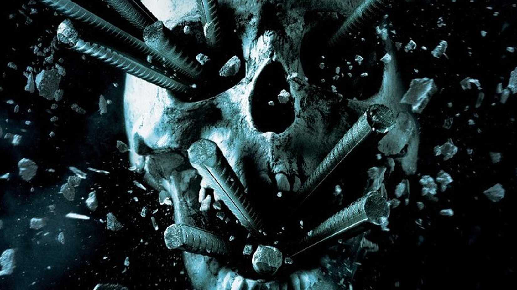 Skull from Final Destination 5 Poster with Rebars Flying Out the Mouth and Eye Sockets