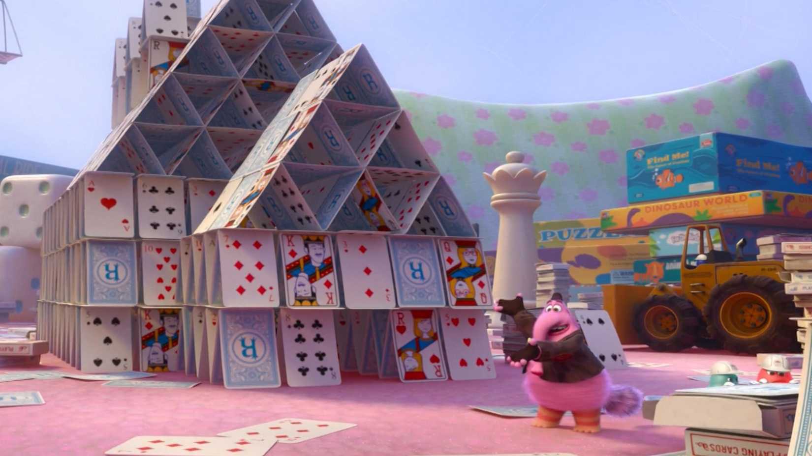 Jogo de tabuleiro de Procurando Nemo e jogo de dinossauro na Terra da Imaginação em Divertida Mente