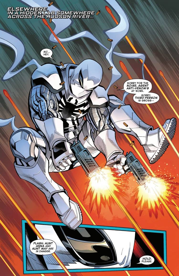 Flash Thompson aka Agent Anti-Venom shoots his two guns in Marvel's Death Spiral