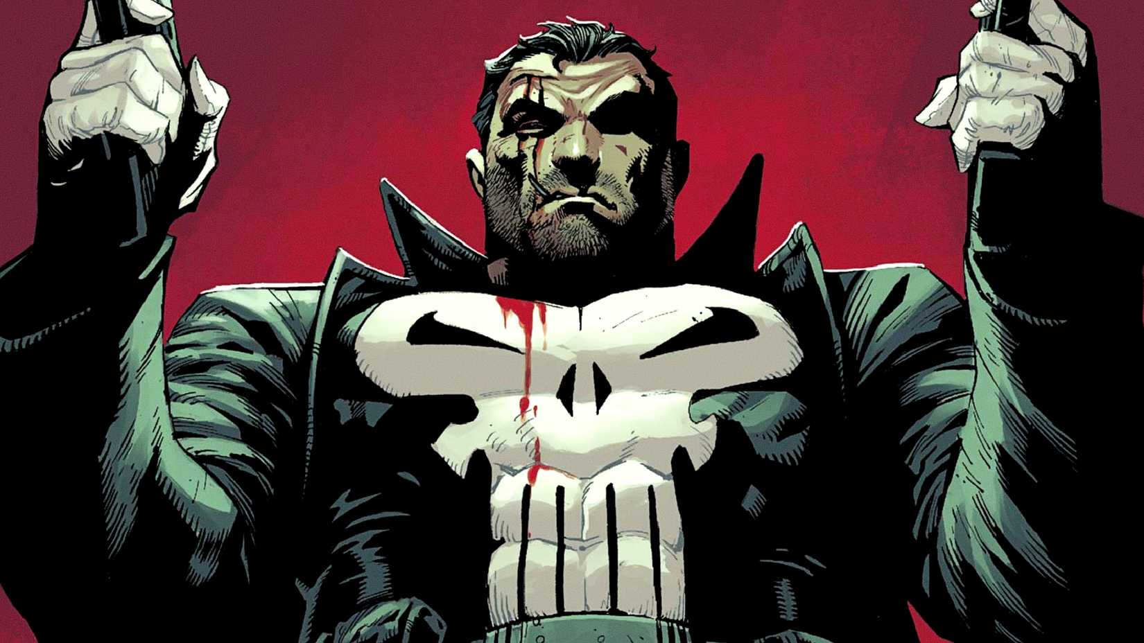 Frank Castle aka the Punisher bleeds while shooting guns on a red background