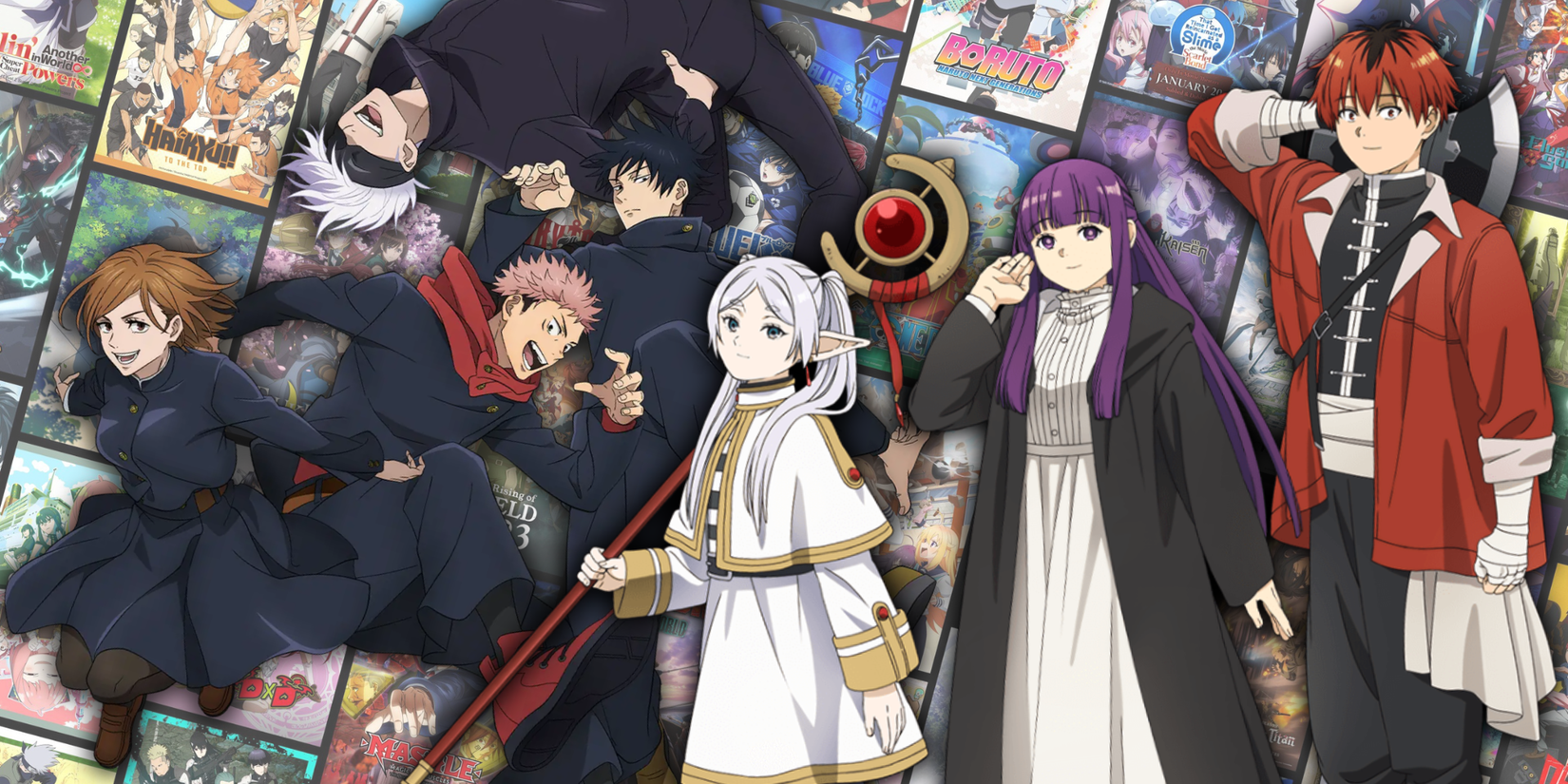 Frieren Beyond Journey's End Frieren, Fern, and Stark next to Jujutsu Kaisen's Gojo, Yuji, Nobara, and Megumi in front of the Crunchyroll anime catalogue background - Anime Featured Image