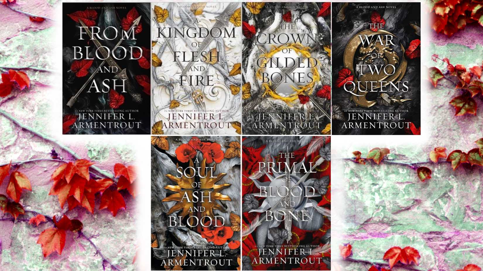 Os seis primeiros livros de From Blood and Ash cercados por folhas vermelhas