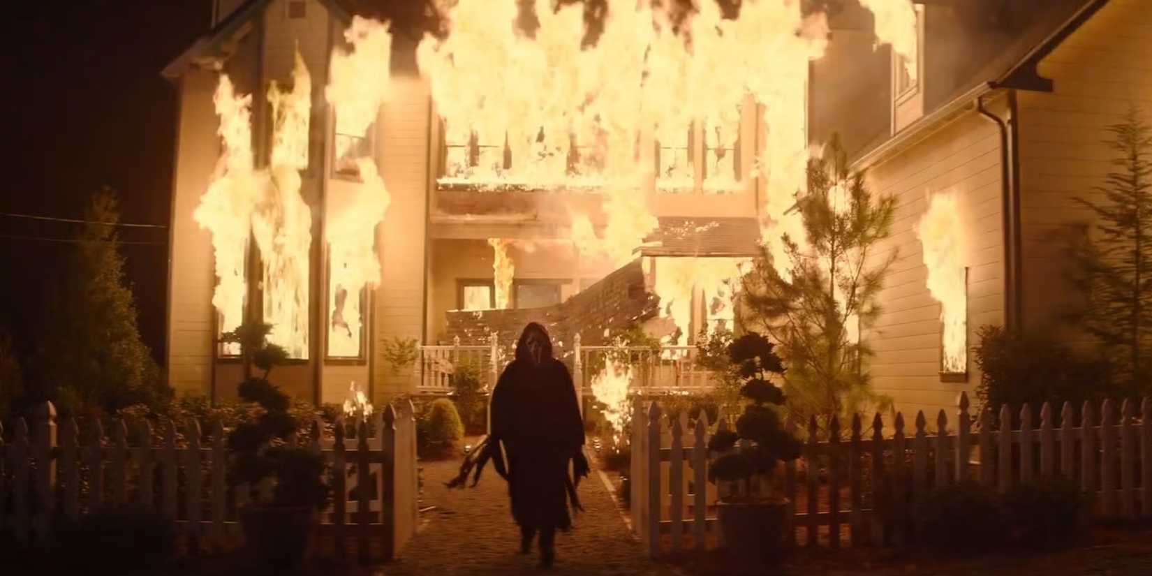 Ghostface burns down Stu's house in Scream 7