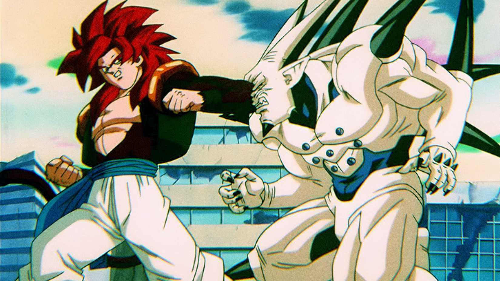 Gogeta Super Saiyan 4 elbows Omega Shenron in the face in Dragon Ball GT's final battle
